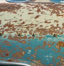 Rusty Car, side-view, very textural with rust, cream and turquoise.